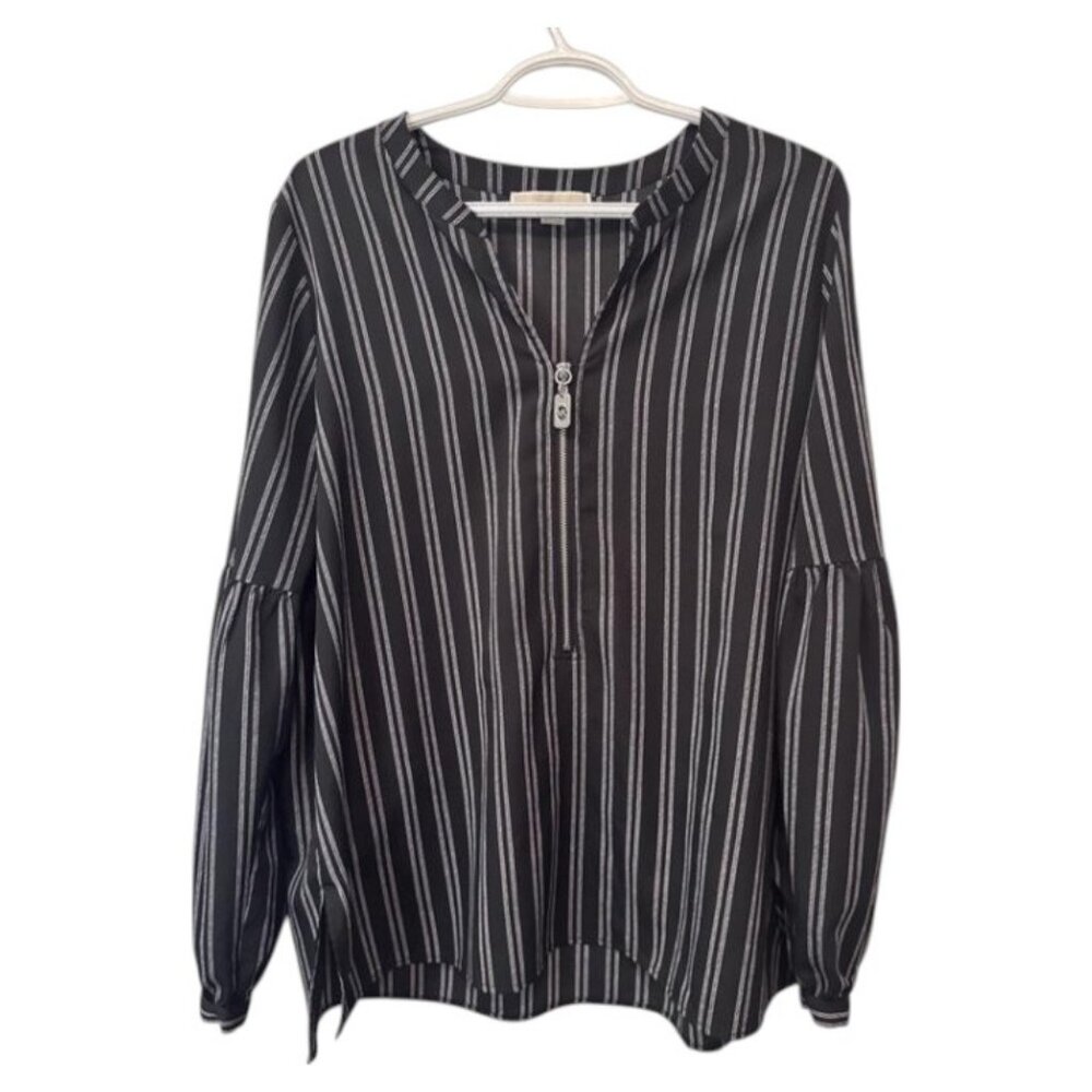 Michael Kors black and white striped blouse low-cut V-neck size US L